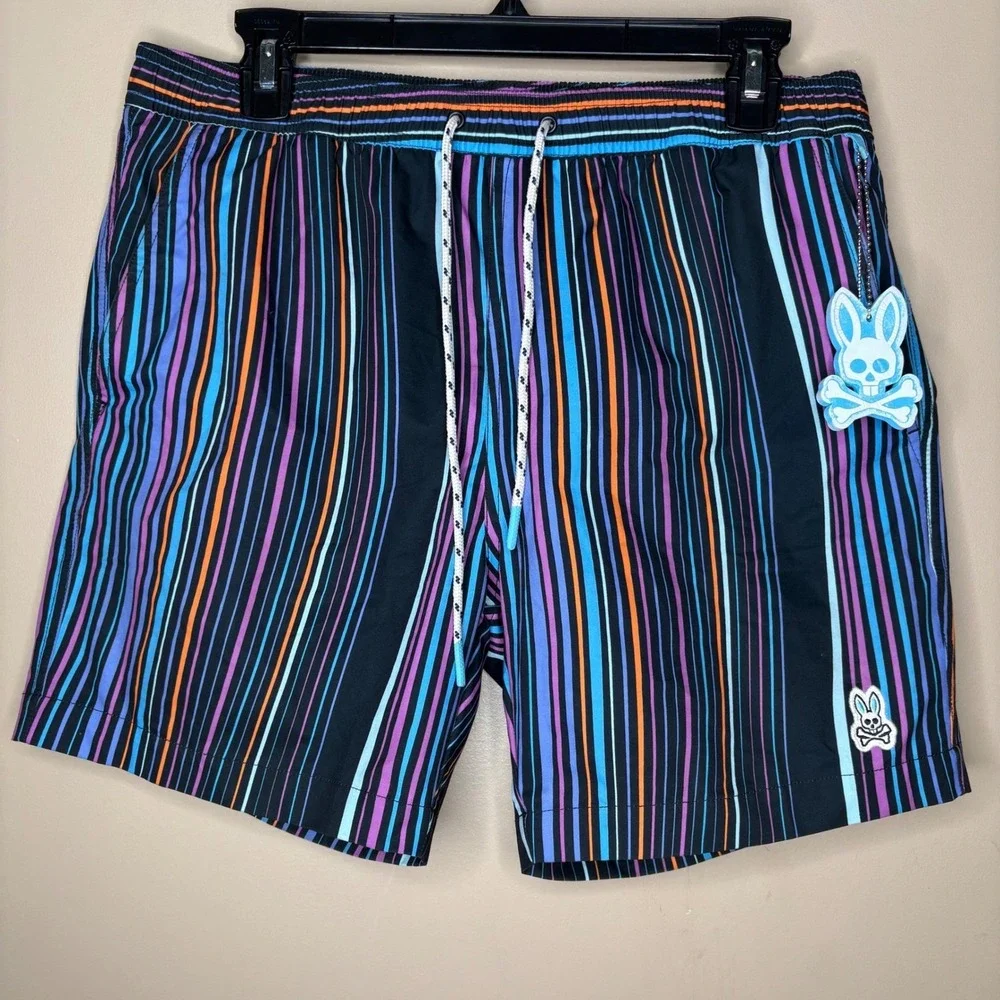 Psycho Bunny Adkins Mens Medium Striped Swim Trunks Lined Summer Vacation